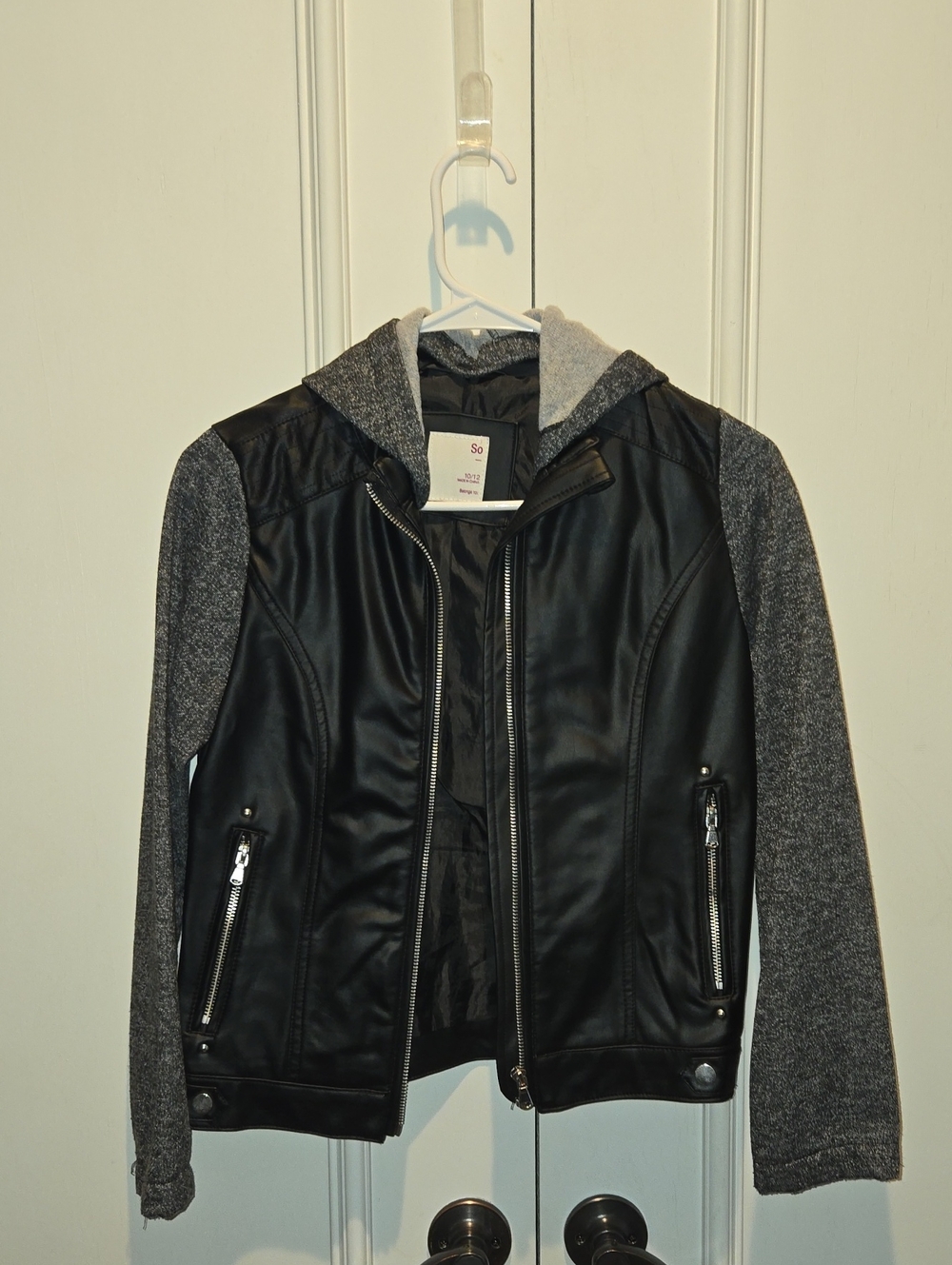 SO Black Faux Leather Jacket with Gray Knit Hood & Sleeves